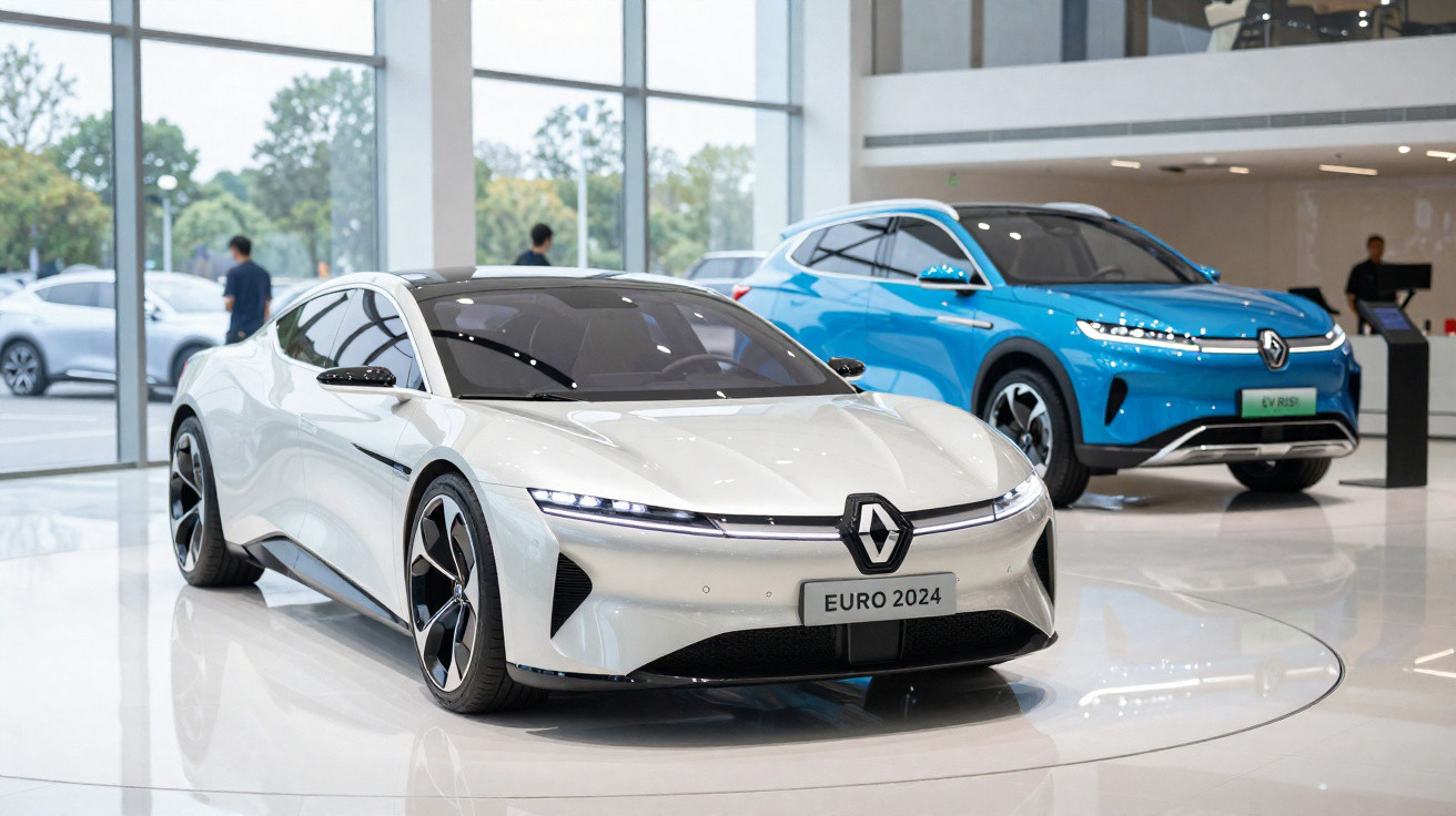 Dois carros Renault elétricos expostos num showroom moderno, um branco e outro azul.