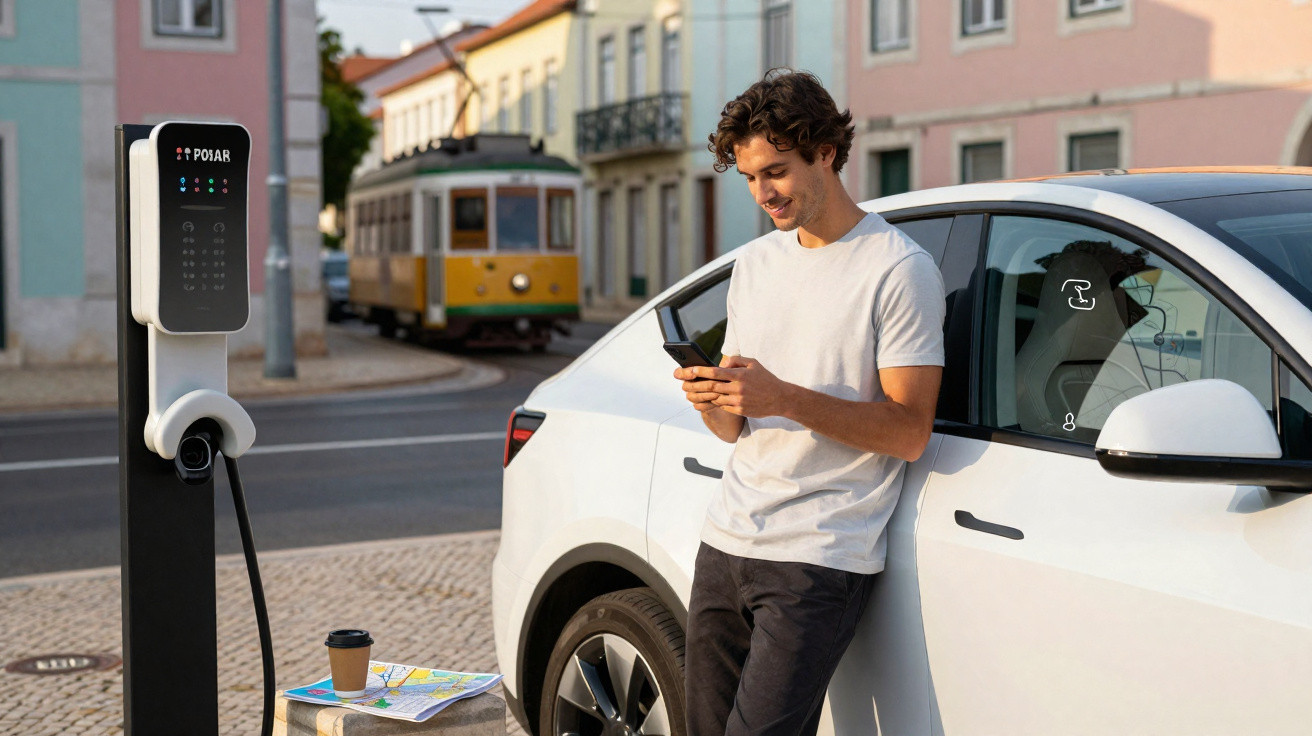 Homem junto a carro elétrico a carregar em posto público numa rua com elétrico ao fundo.