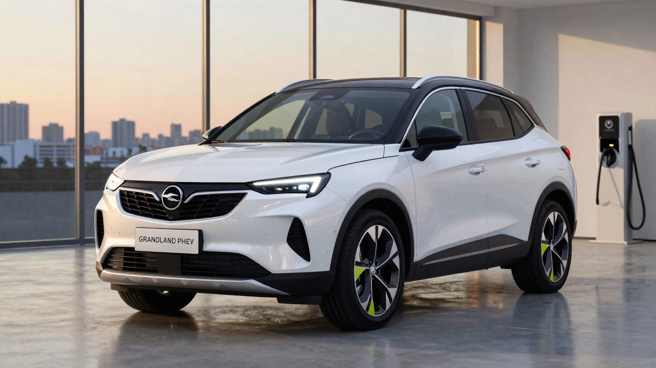 SUV branco Opel Grandland PHEV estacionado em garagem moderna com estação de carregamento elétrico.