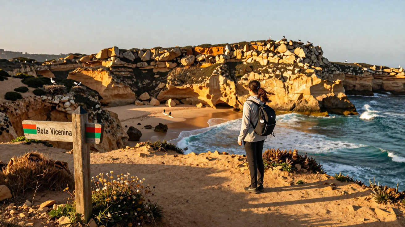 Pessoa com mochila observa praia e falésia durante pôr do sol na Rota Vicentina, Portugal.