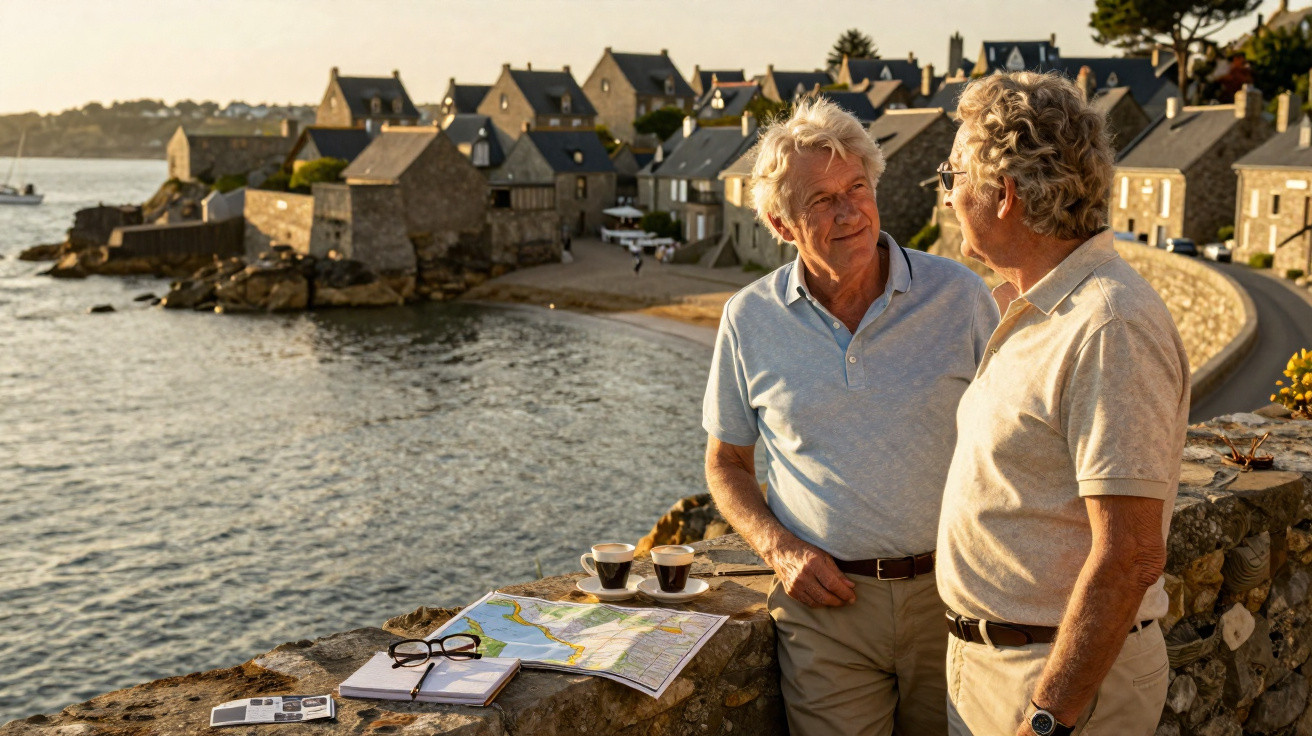 Dois homens conversam junto ao mar com casas de pedra ao fundo, sobre um muro com mapas e café.