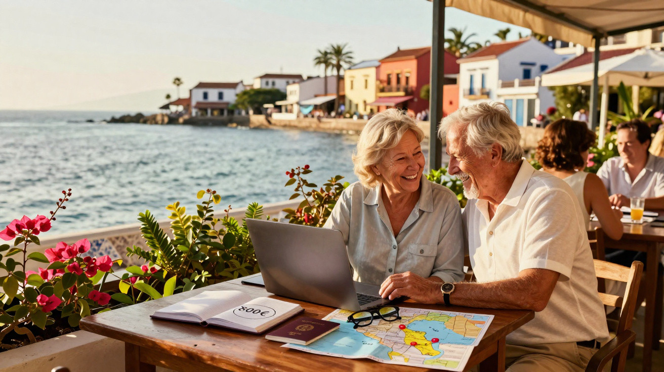 Casal sénior feliz planeando viagem junto ao mar num café com mapa, passaporte e computador portátil na mesa.