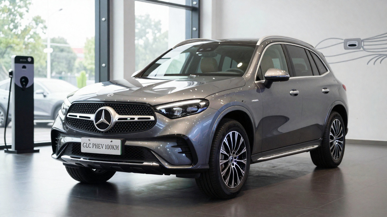Carro SUV Mercedes GLC PHEV cinzento estacionado em showroom com carregador elétrico ao lado.