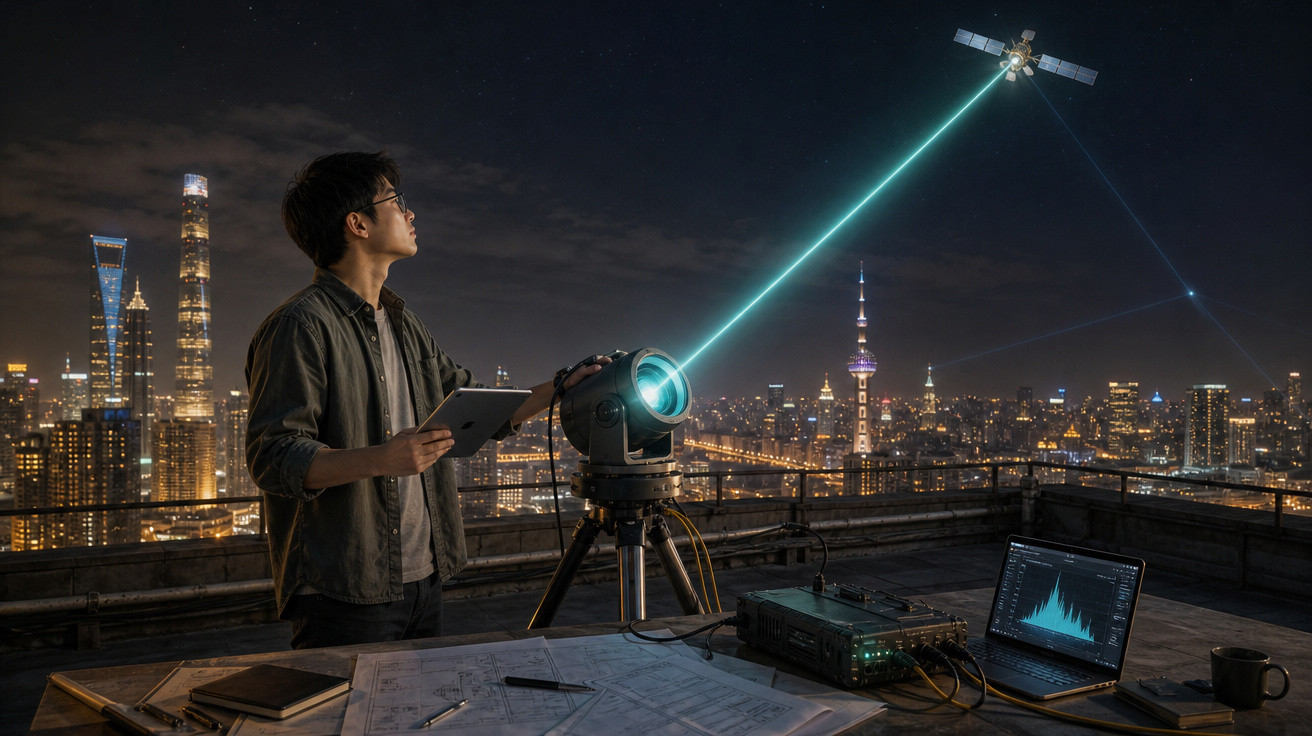 Homem usa equipamento tecnológico para comunicar-se com satélite sobre arranha-céus iluminados durante a noite.