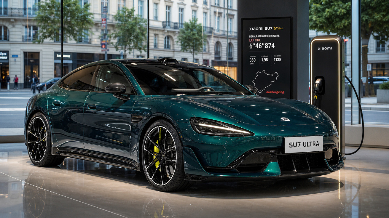Carro elétrico desportivo Xiaomi SU7 Ultra verde escuro em exposição com carregador e painel informativo.
