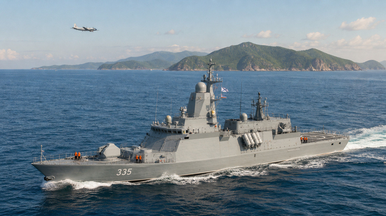 Fragata militar cinzenta com número 335 a navegar no mar com ilha ao fundo e avião sobrevoando.