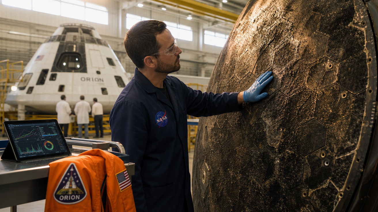 Engenheiro da NASA inspeciona escudo térmico de cápsula Orion num hangar com equipamento e tripulação ao fundo.