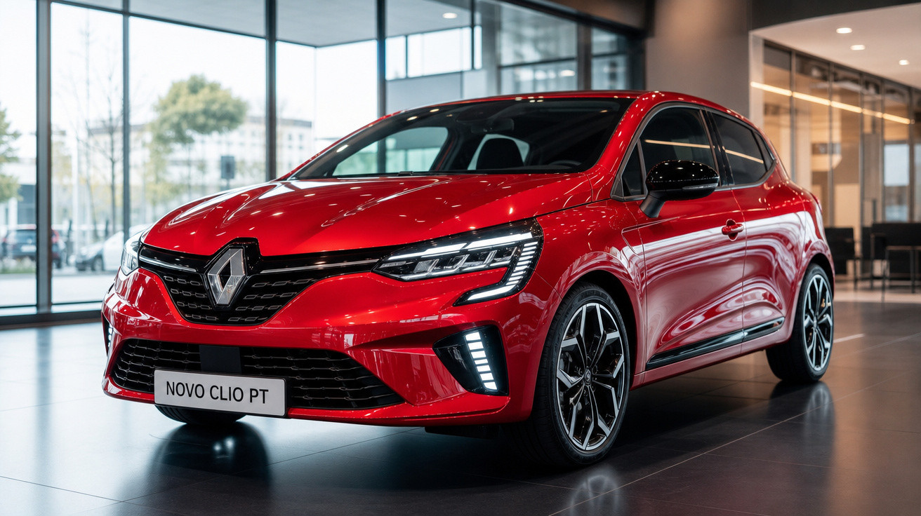 Automóvel vermelho Renault Novo Clio PT estacionado em sala de exposição moderna com chão cinza.