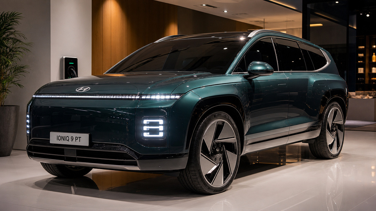 SUV elétrico Hyundai Ioniq 9 PT verde escuro estacionado em ambiente interior moderno.