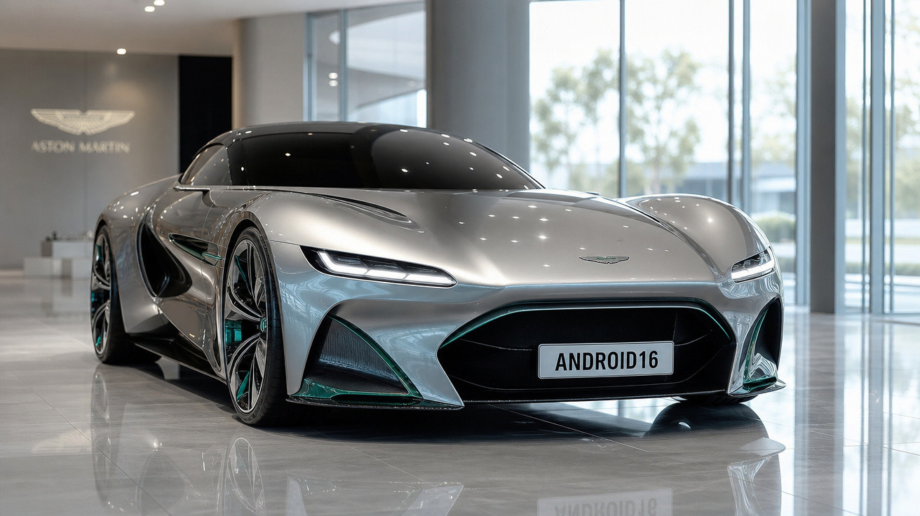 Carro desportivo futurista cinza prateado Aston Martin em exposição num showroom moderno com grandes janelas.