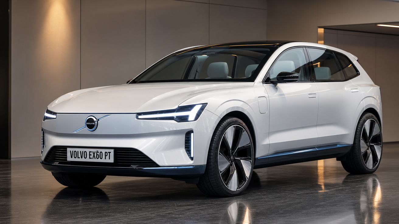 SUV eléctrico branco Volvo EX60 PT estacionado em ambiente interior moderno e elegante.