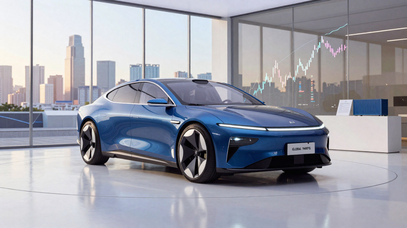 Carro elétrico azul moderno exposto numa sala com janelas grandes e vista para a cidade ao pôr do sol.