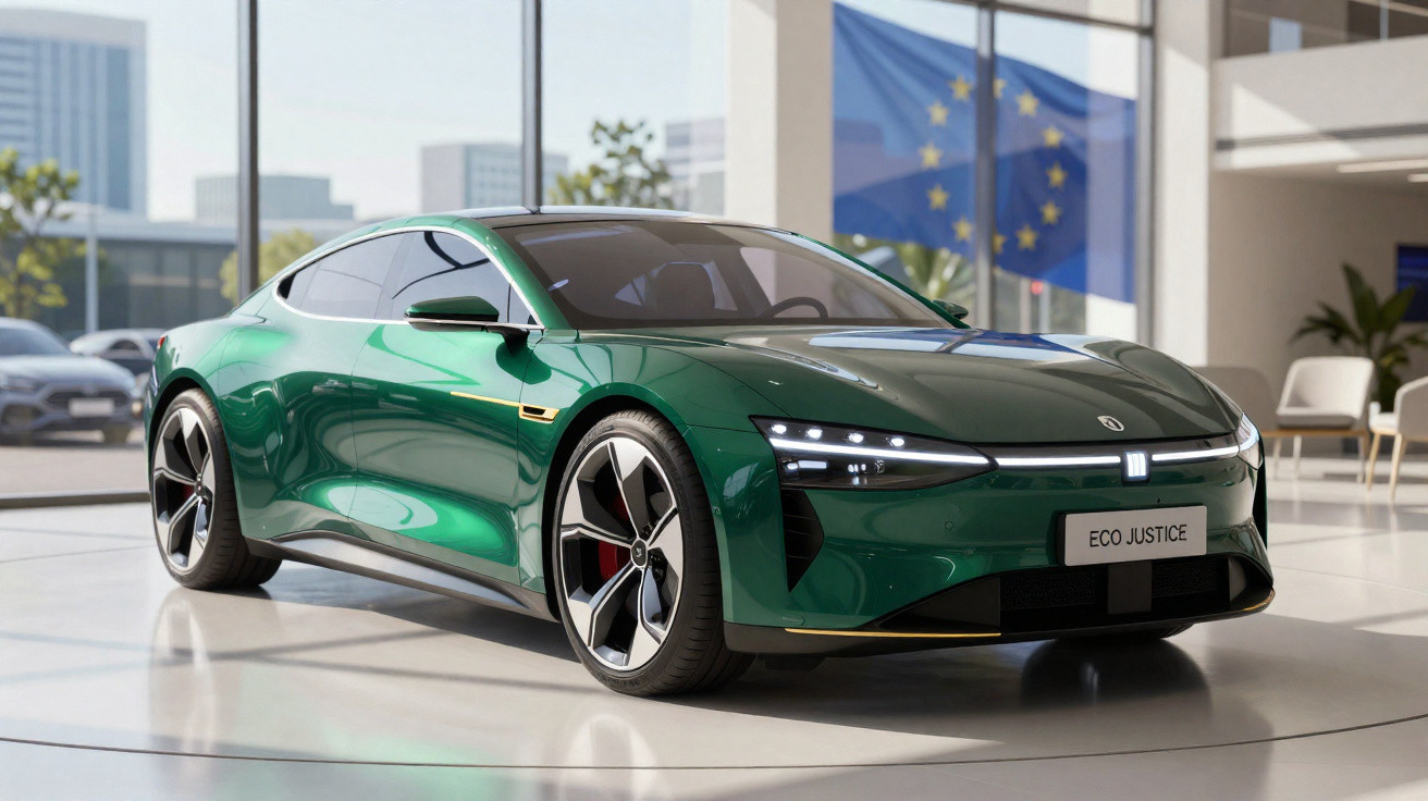 Carro desportivo elétrico verde, design aerodinâmico, com placa "ECO JUSTICE" em interior moderno.