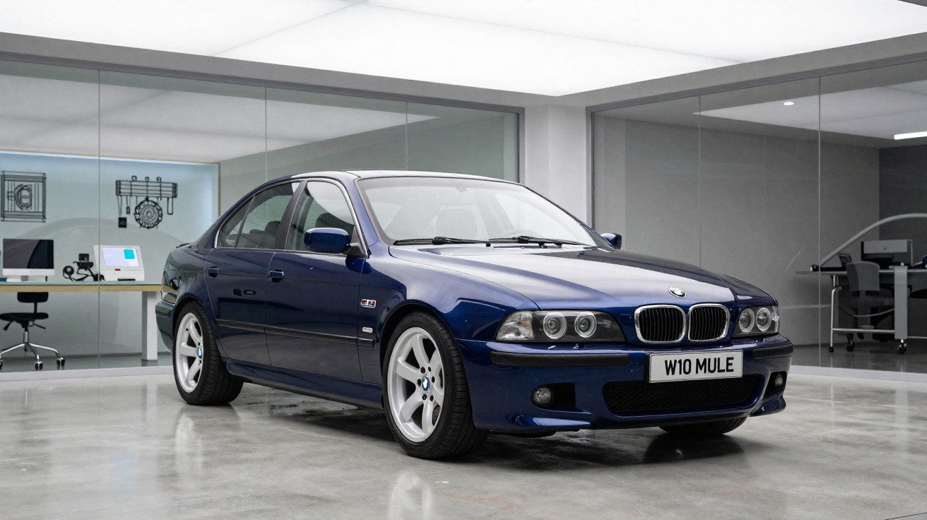 Carro BMW azul escuro estacionado em chão de cimento polido num espaço moderno e luminoso.