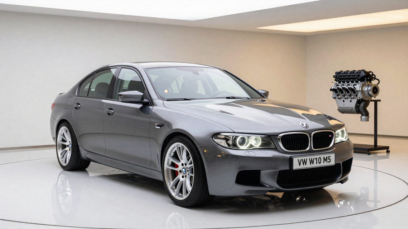 Carro BMW cinzento estacionado em ambiente interior com motor exposto em suporte ao fundo.