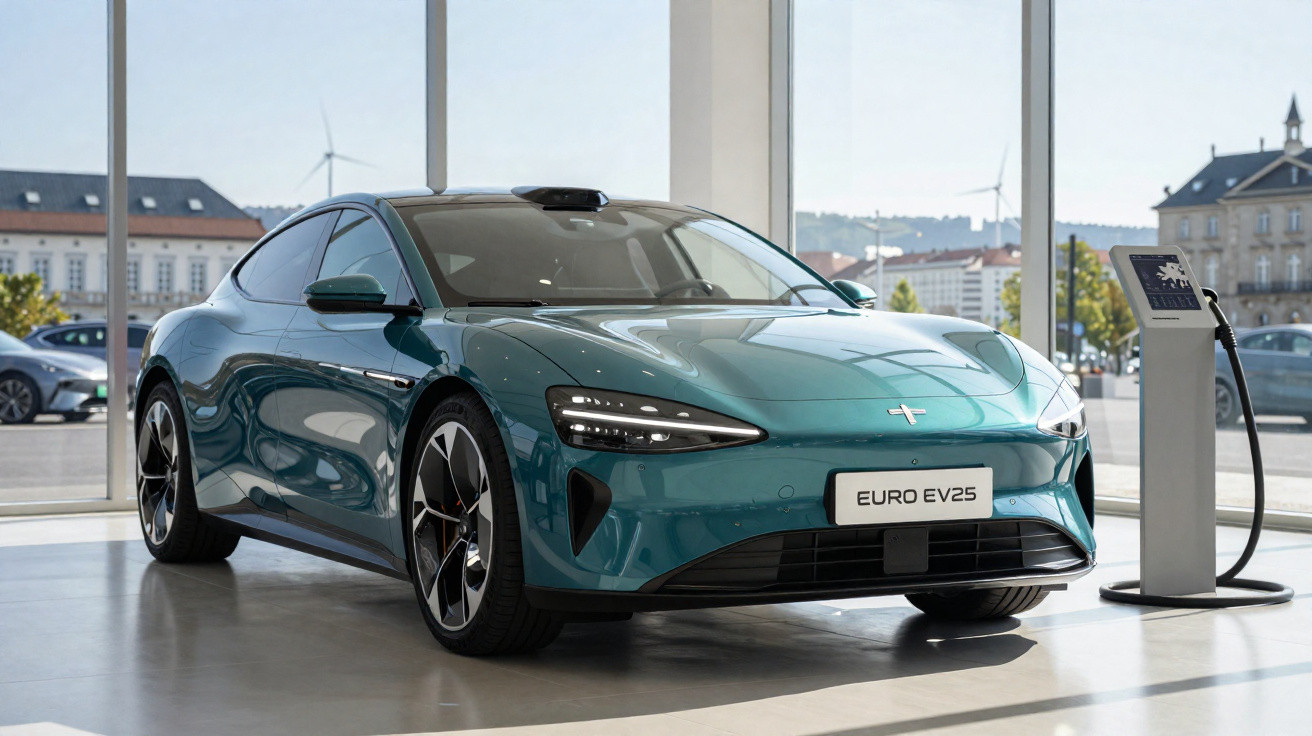 Carro elétrico moderno verde azul exposto em showroom com carregador ao lado e janelas amplas ao fundo.