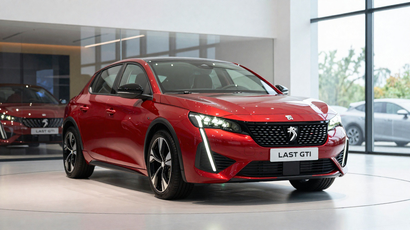 Carro vermelho Peugeot Last GTI exposto em showroom moderno com grandes janelas.