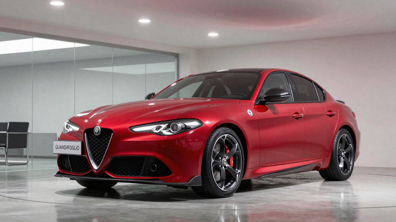 Carro desportivo Alfa Romeo Giulia Quadrifoglio vermelho estacionado em interior moderno com chão cinza.