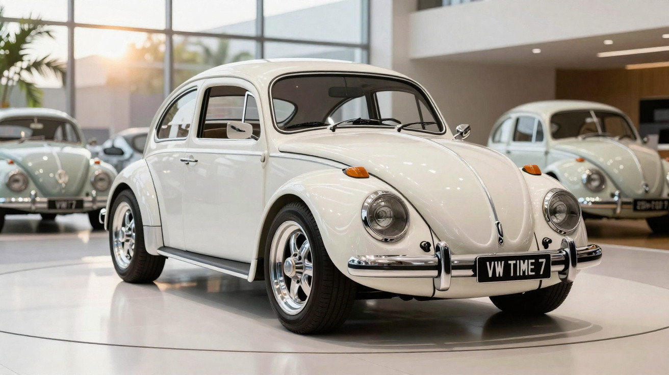 Carro clássico Volkswagen Beetle branco exposto em interior moderno com outros Beetles ao fundo.