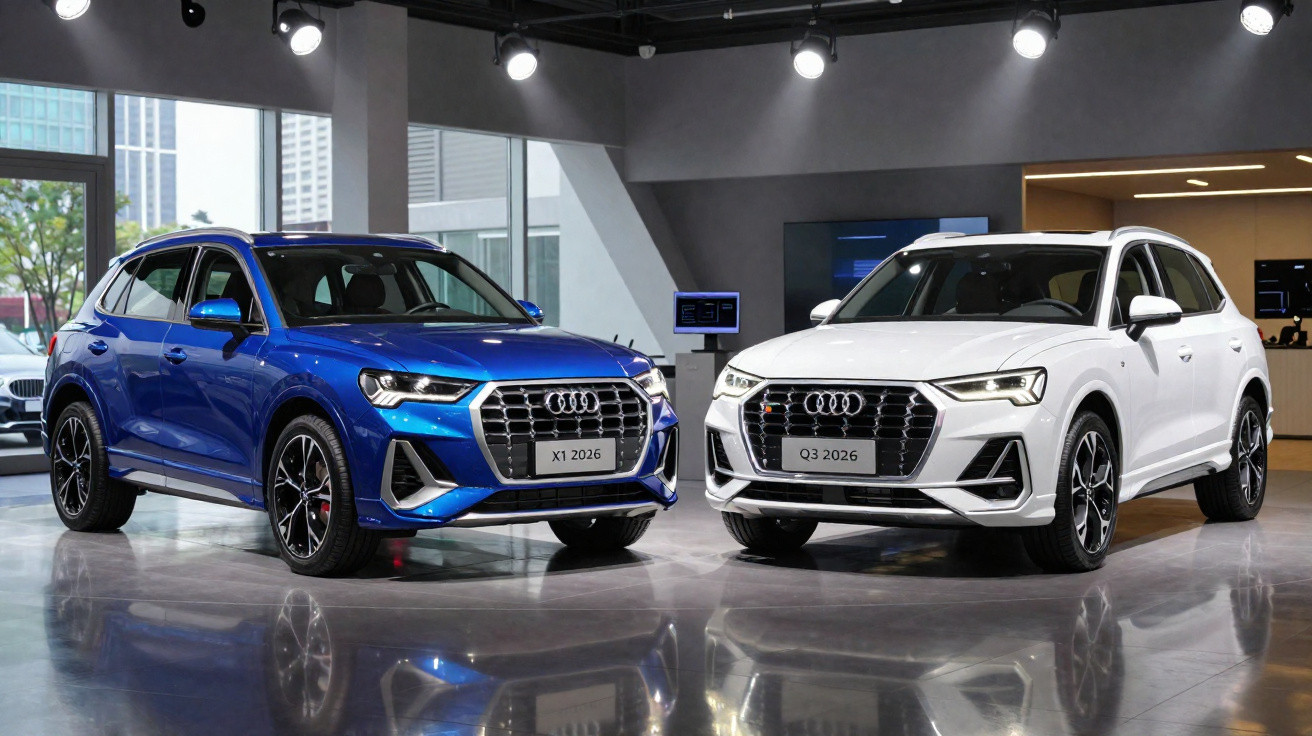 Dois SUVs Audi 2026, um azul e outro branco, expostos num showroom moderno com iluminação focada.