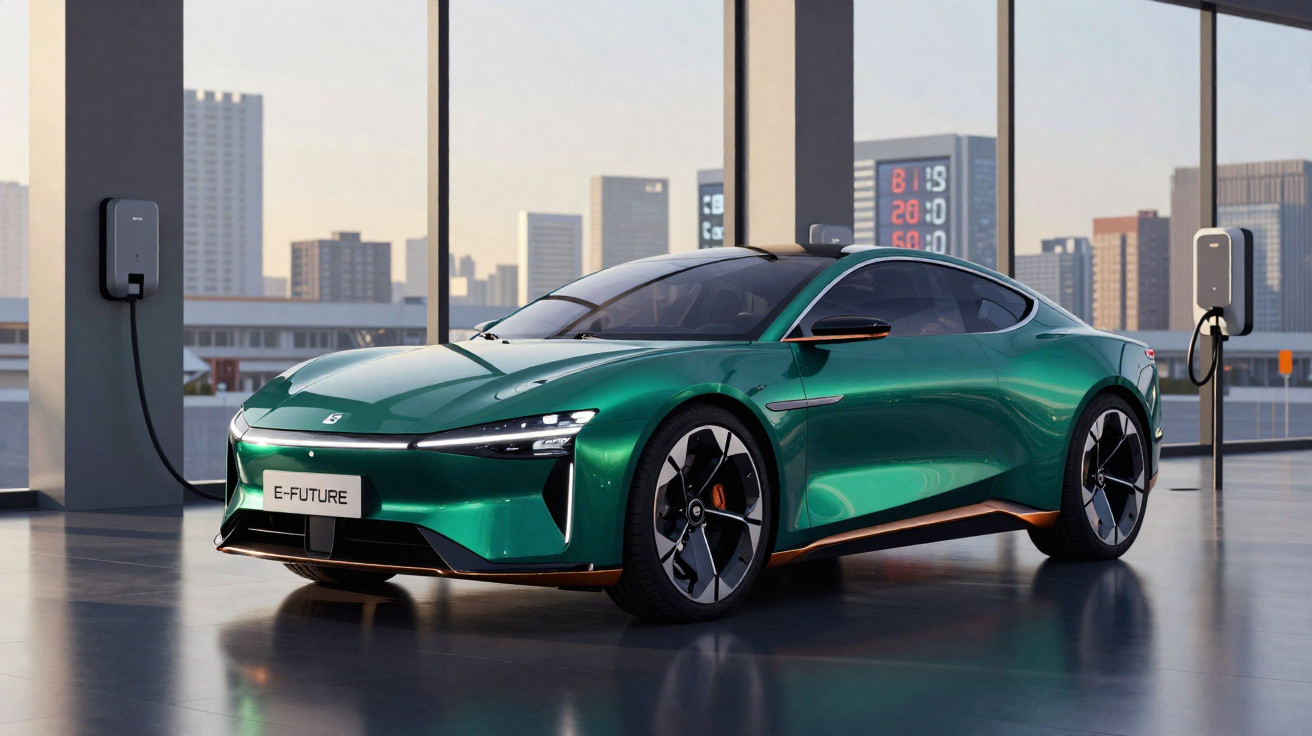 Carro elétrico verde brilhante estacionado em posto de carregamento urbano com edifícios ao fundo.