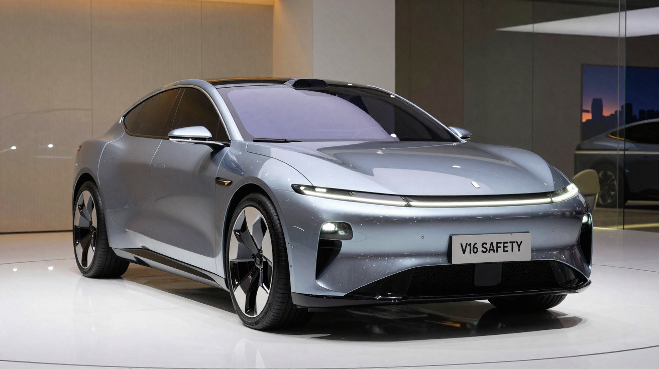 Carro elétrico moderno prateado com design aerodinâmico exibido em sala de exposição iluminada.