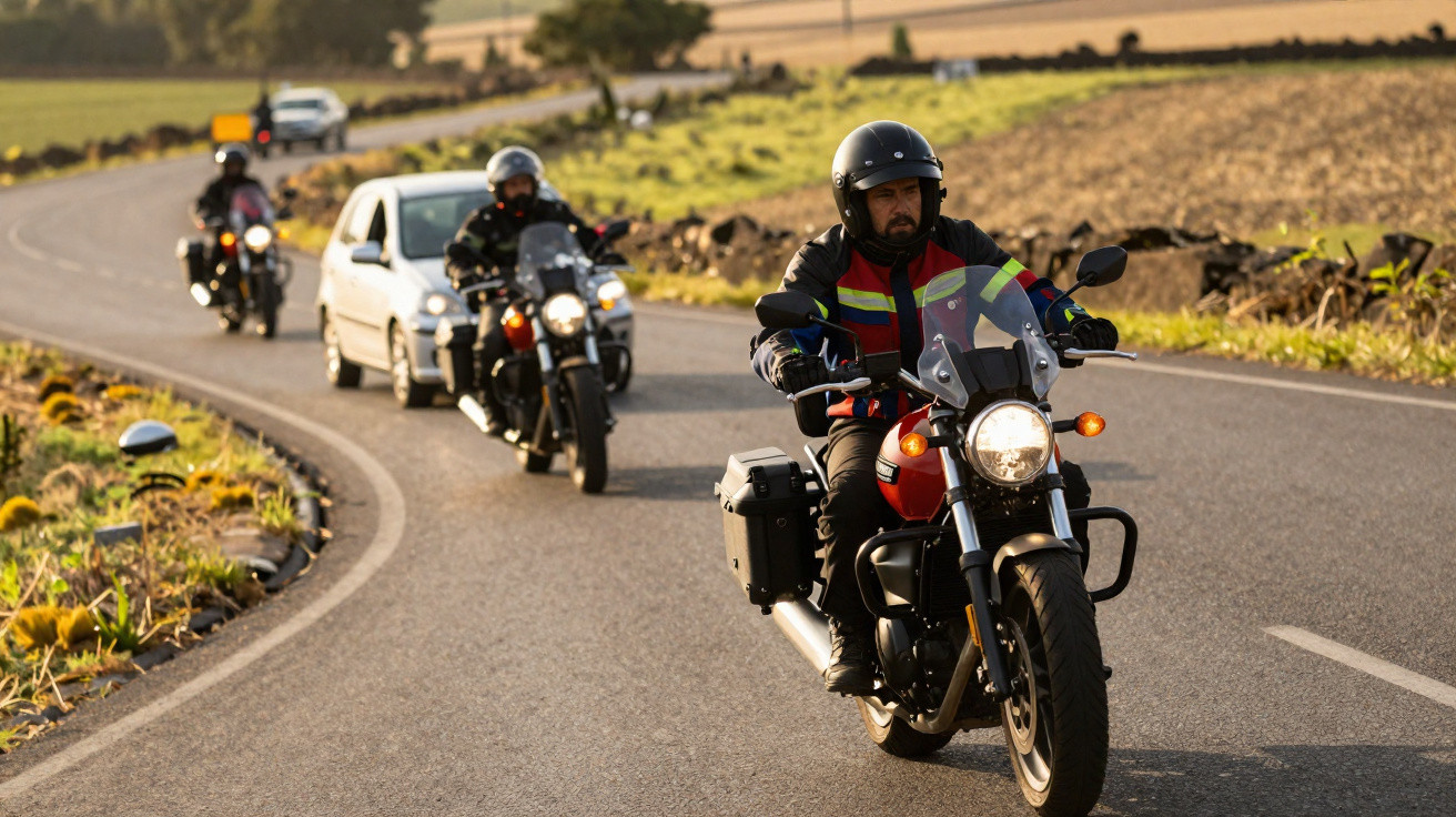 Grupo de motociclistas a circular numa estrada rural em dia de sol ao pôr do sol.