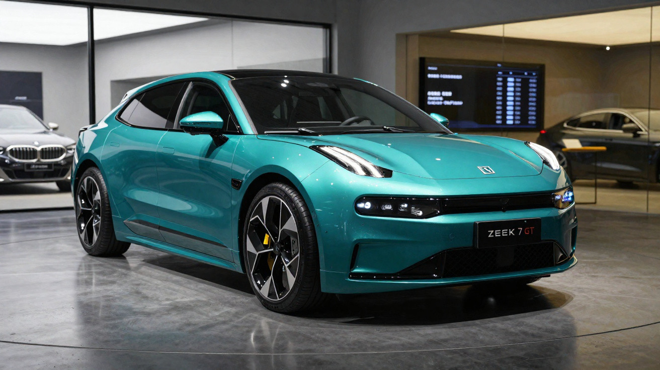 Carro elétrico Zeekr 7 GT verde turquesa em exposição numa sala moderna com piso cinza.