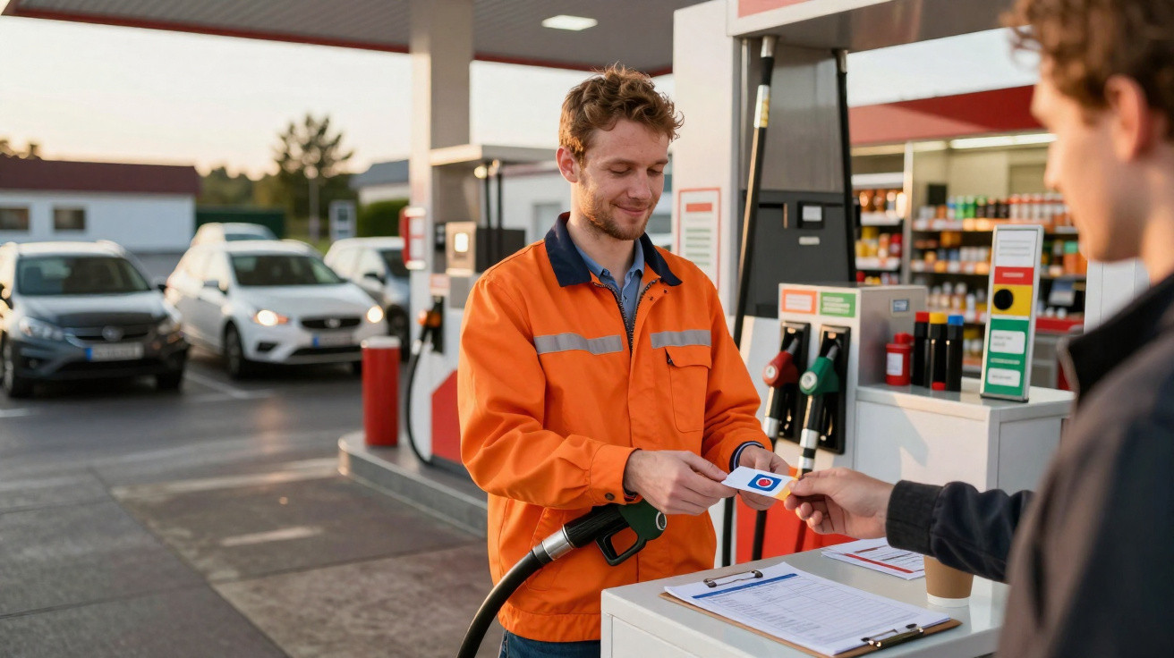 Homem com casaco laranja entrega cartão a cliente numa bomba de gasolina ao pôr do sol.