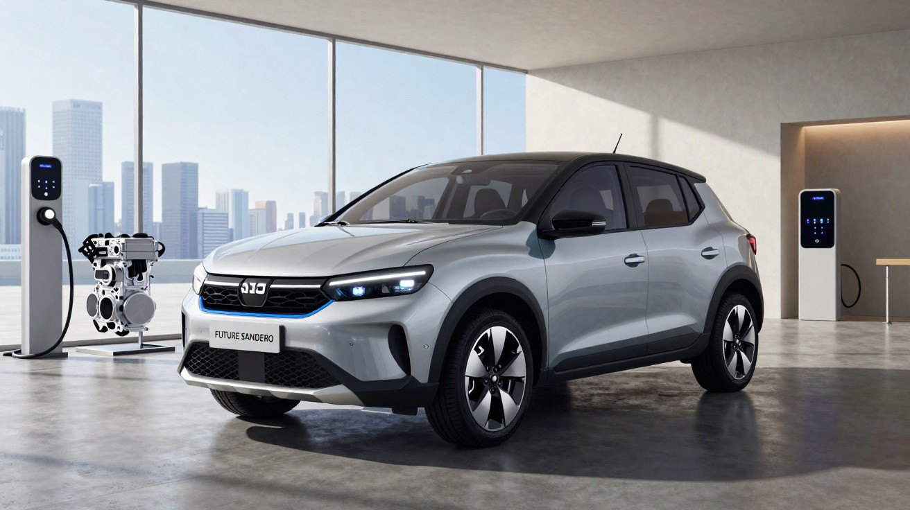 Carro elétrico cinza Future Sandero estacionado em espaço moderno com estações de carregamento.