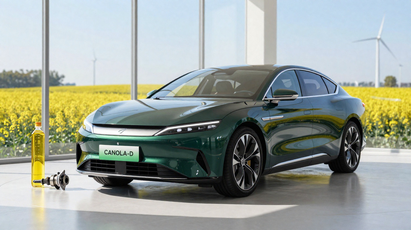 Carro elétrico verde escuro estacionado junto a garrafa de óleo de colza e campo de flores amarelas com turbinas eólicas ao f