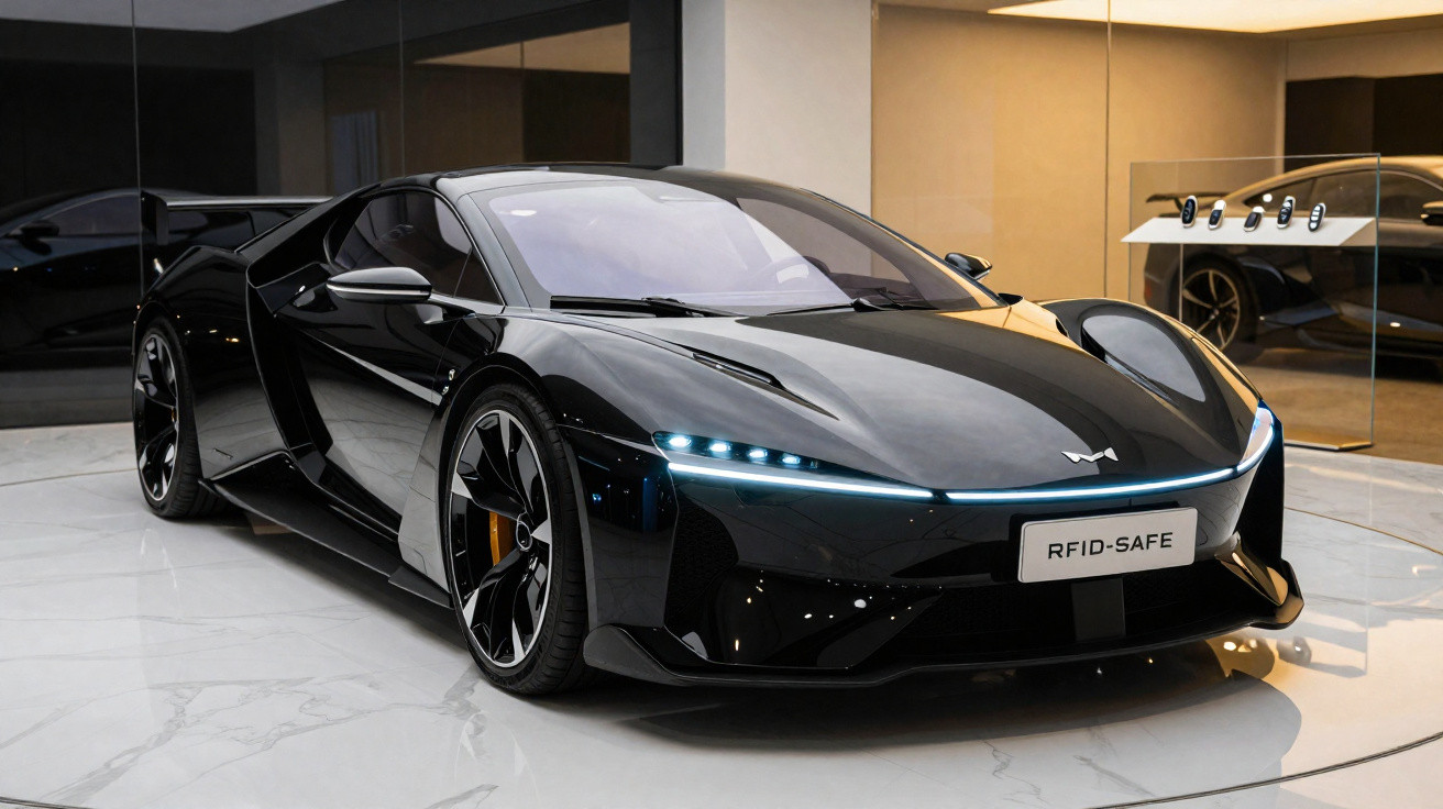 Carro desportivo elétrico preto, moderno, com luzes LED e inscrição RFID-SAFE na matrícula, em exposição interior.