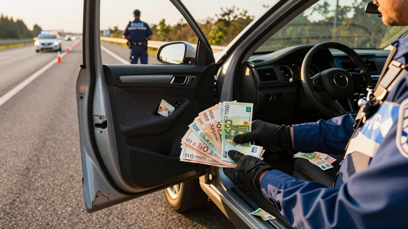 Polícia revistando carro parado na estrada mostra notas de euro na mão com outro agente ao fundo.