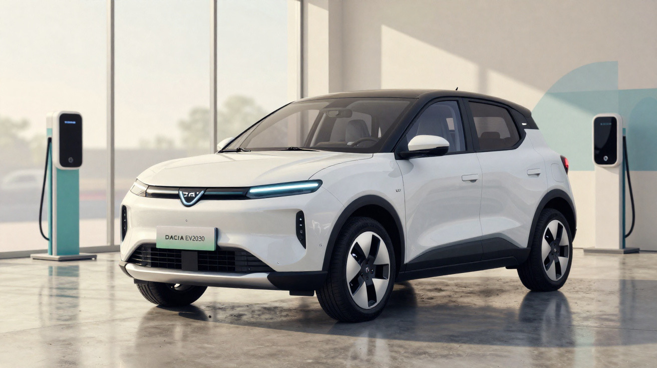 Carro elétrico branco Dacia EV2030 estacionado em estação de carregamento interior moderna.