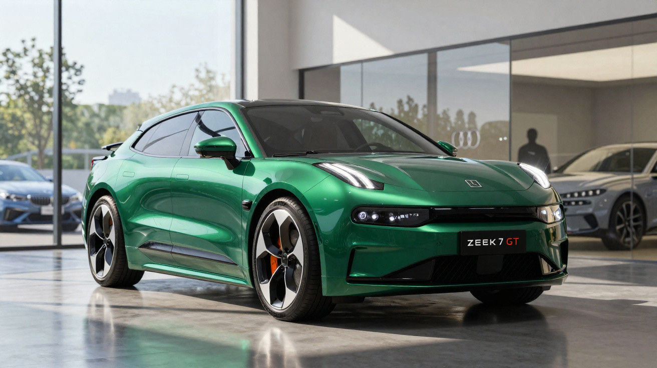 Carro desportivo elétrico verde ZEEK 7 GT estacionado num showroom moderno com vidro.
