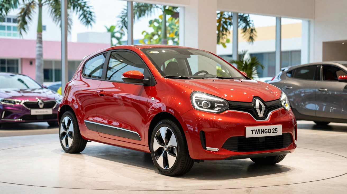 Carro Renault Twingo 25 vermelho, modelo compacto, exposto em concessionária moderna com outras viaturas ao fundo.