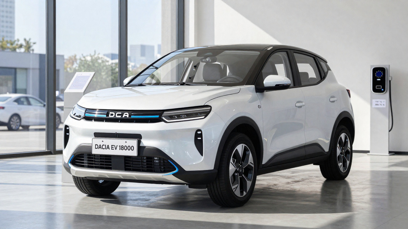 Carro elétrico branco Dacia EV 18000 estacionado numa sala moderna com parede branca e carregador elétrico.