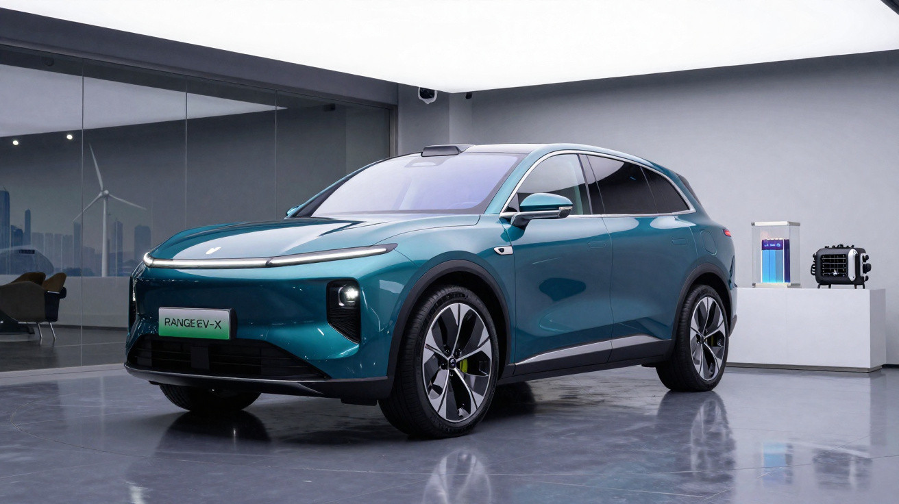 Carro elétrico SUV verde azul metálico estacionado num piso interior brilhante moderno.