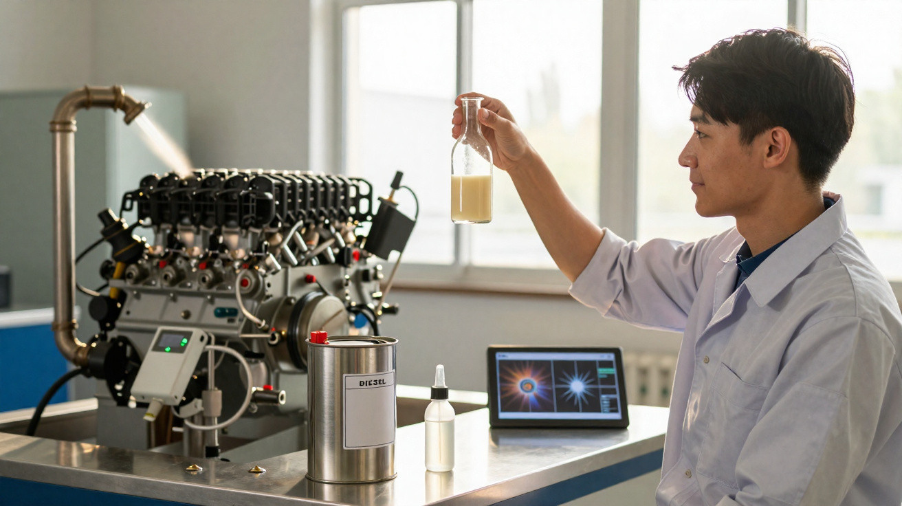 Homem em laboratório a analisar líquido numa proveta, com motor e computador ao fundo.