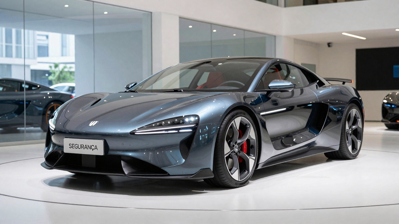 Carro desportivo cinzento metálico brilhante exposto em showroom moderno com piso branco.