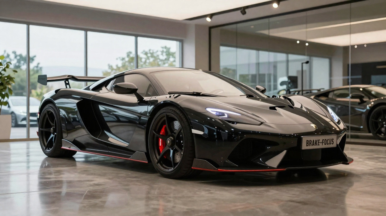 Carro desportivo preto estacionado num showroom moderno com chão de cimento polido e grandes janelas.