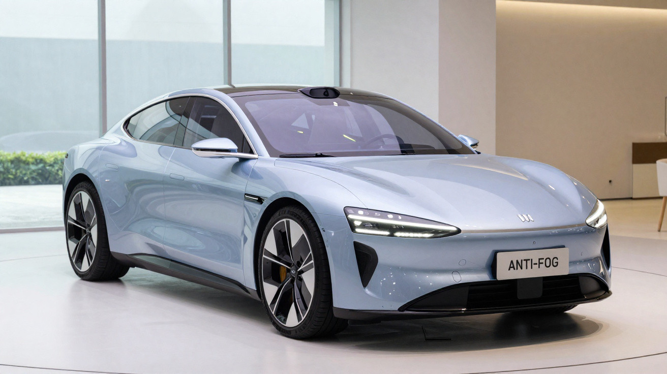 Carro elétrico desportivo azul claro exposição interior com luzes LED e jantes aerodinâmicas contemporâneas.