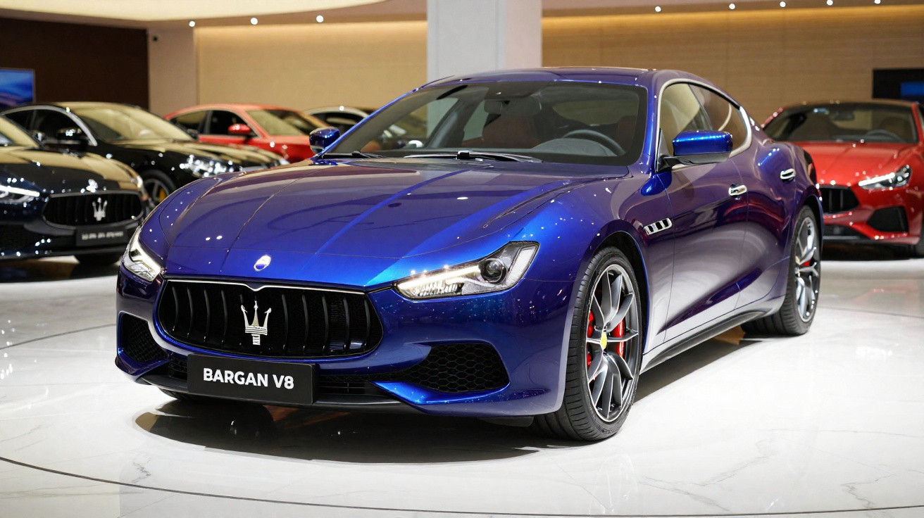 Carro desportivo Maserati BARGAN V8 azul exposto numa sala com outros carros ao fundo.