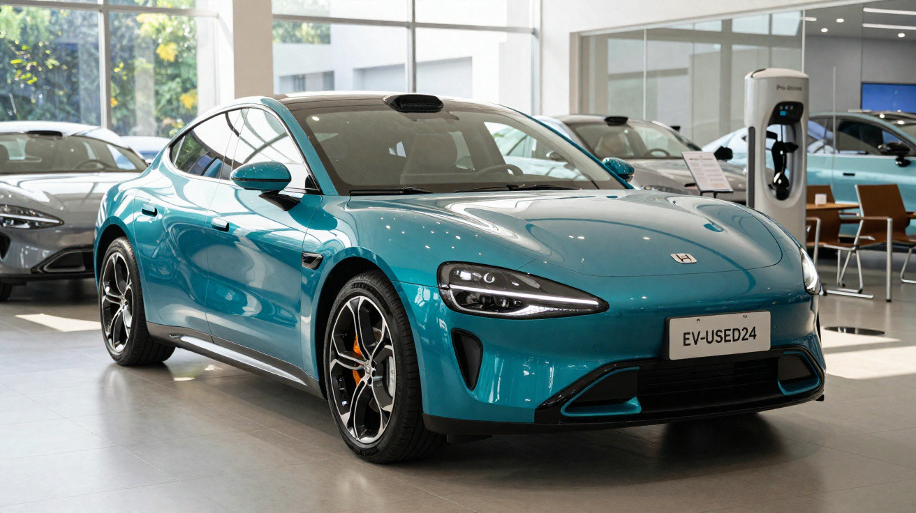 Carro elétrico azul moderno em exposição numa sala de showroom com outras viaturas ao fundo.