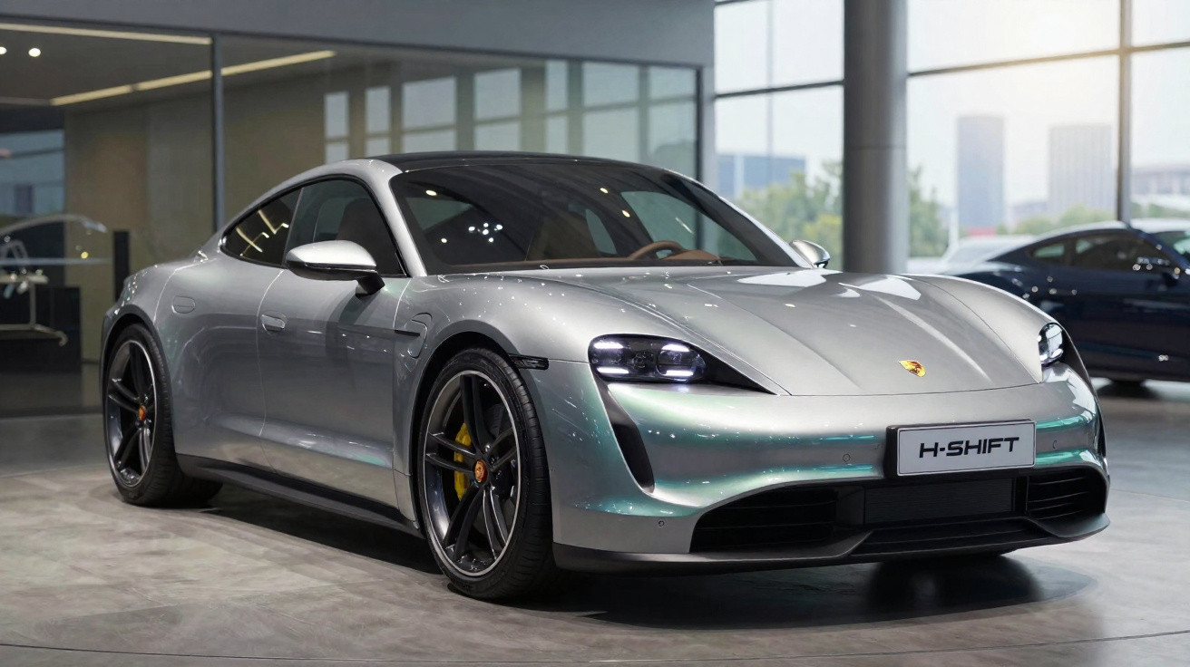 Carro desportivo elétrico Porsche Taycan cinza prateado estacionado em salão moderno.