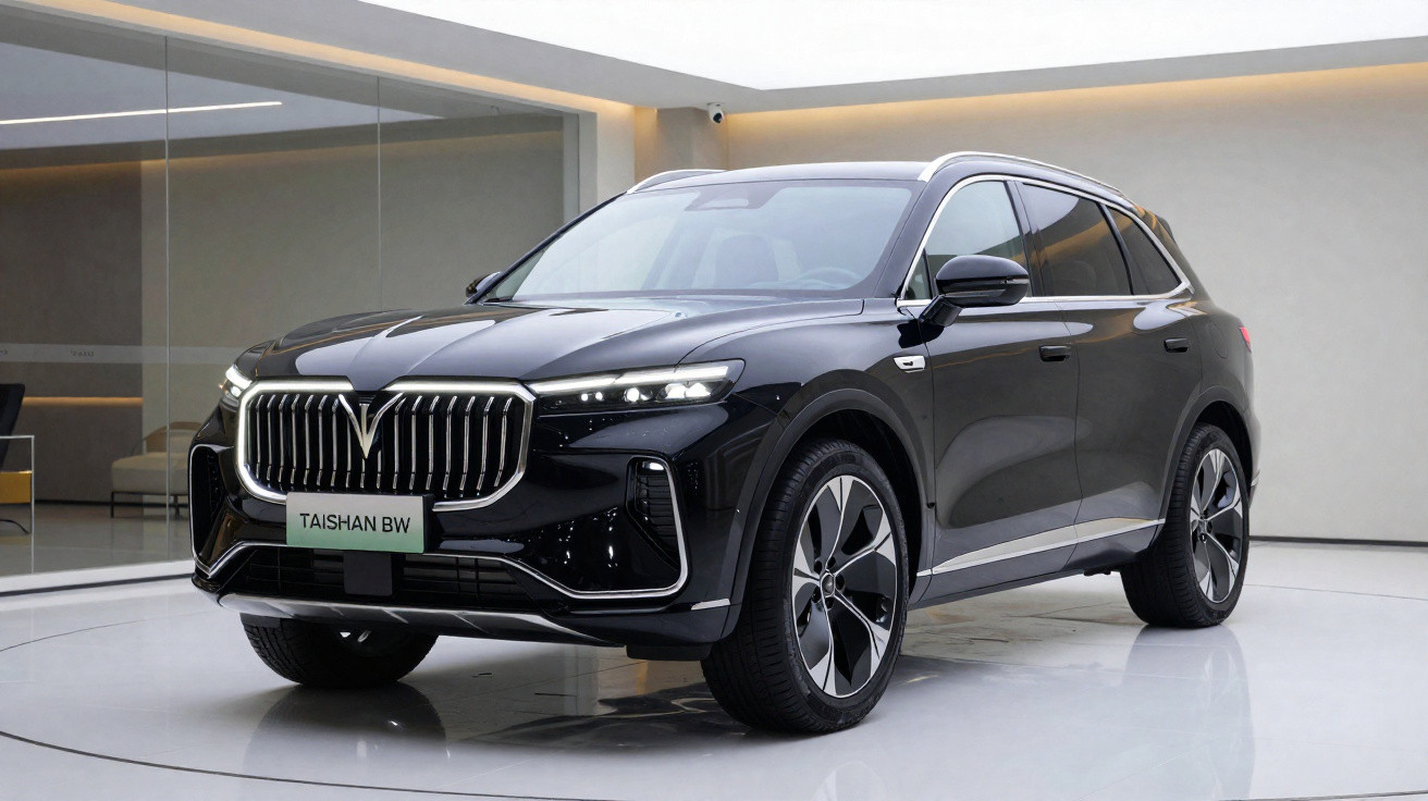 Carro SUV preto Taishan BW estacionado em espaço interior moderno e iluminado.