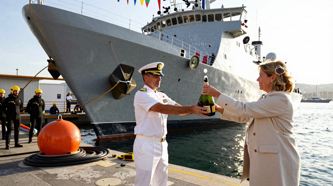 Homem fardado entrega garrafa de champanhe a mulher numa cerimónia junto a um navio atracado no porto.