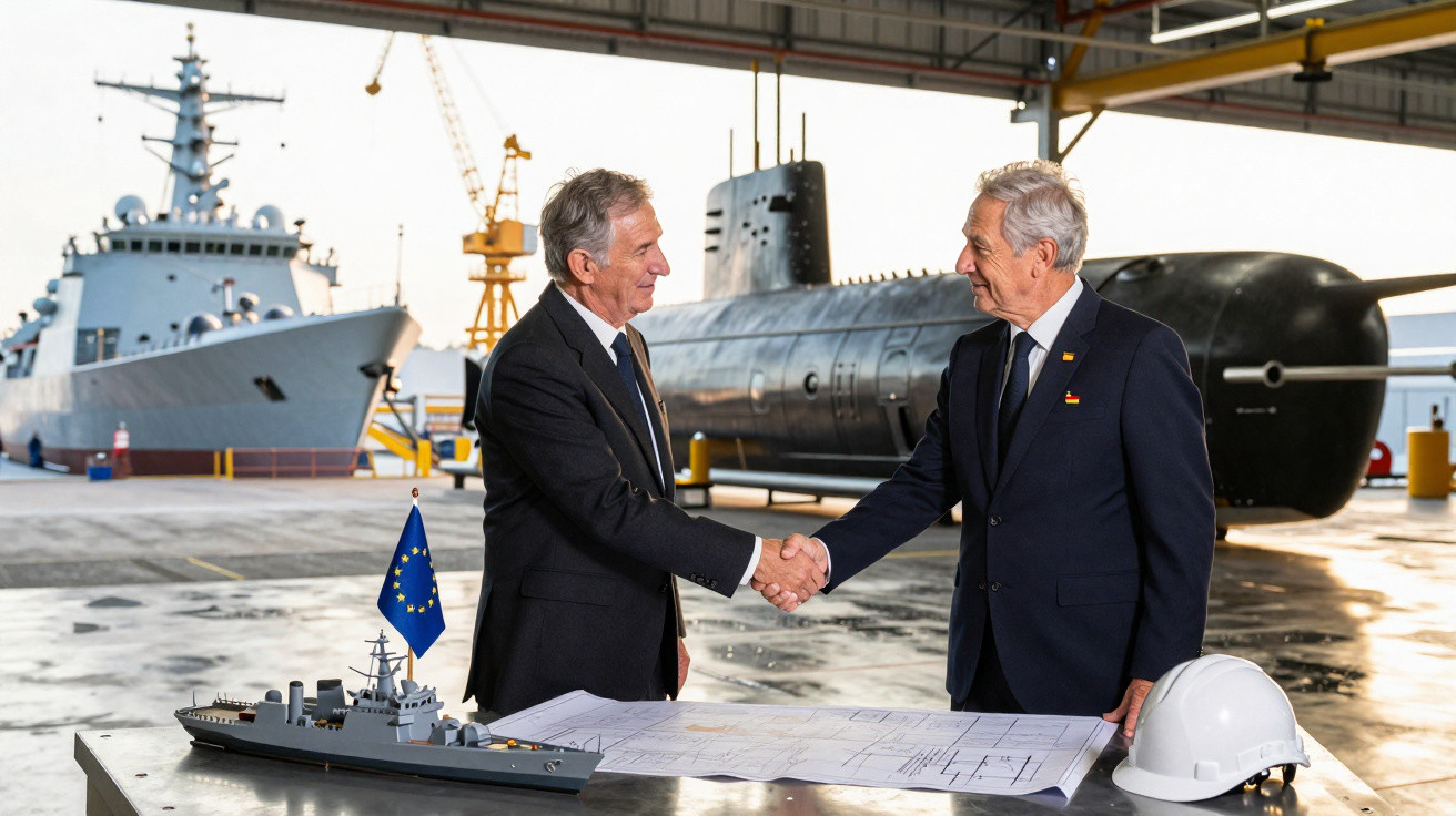 Dois homens de fato apertam mãos num estaleiro naval com submarino, navio e maquete ao fundo.