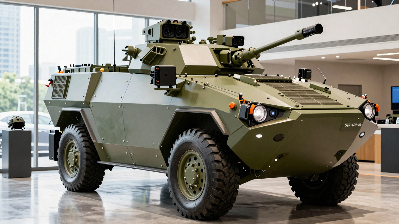 Veículo blindado militar de quatro rodas, de cor verde, exposto em espaço interior moderno.