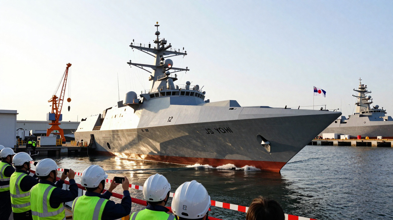 Navio de guerra JS Yohi atracado no porto, com pessoas de capacete e colete a observar na margem.